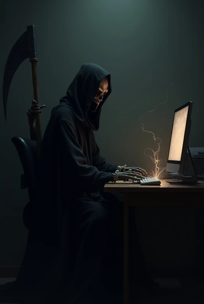 grim Reaper、company、desk work、 Computer 、typing、spark