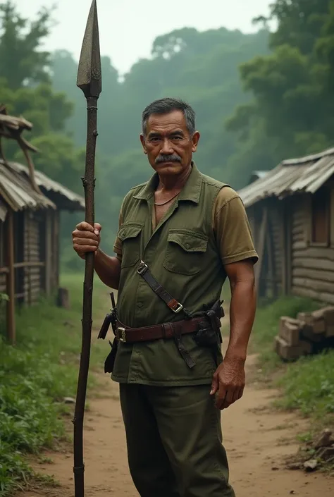 "In a peaceful yet vigilant Vietnamese village, a farmer stands ready with a makeshift spear, the determination clear in his eyes. Simple wooden barricades and hastily built fortifications stand between the villagers and the oncoming threat, as the dense j...