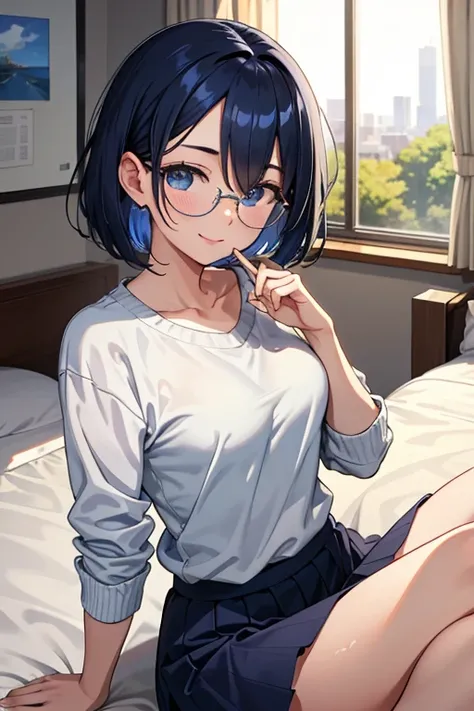 college student,college student、session ,[highly strung ,   short hair、  dark blue hair  、straight hair、blows、 sweep bangedium breasts、perky breasts  、tight、Blue eyes、shiny skin、glossy lips、beautiful ass、skirt、knit、sweaty body glasses 、 Big breasts、  looki...