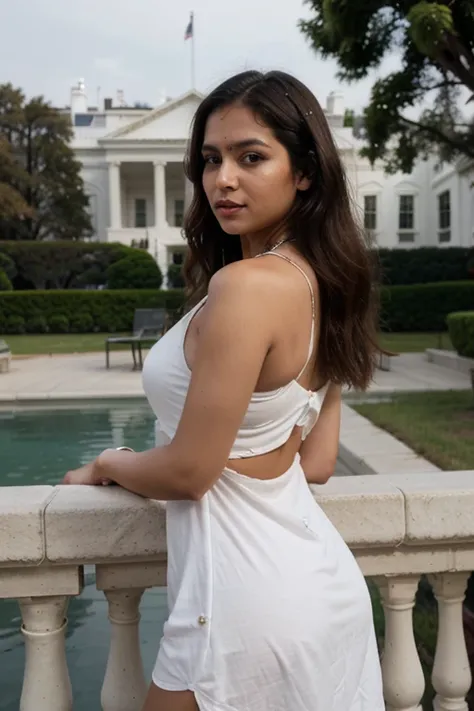 Indian women ,bindi,,  white night dress, 
age 30 middle , setting in america white house, women parfect shape , side background ,American white House,