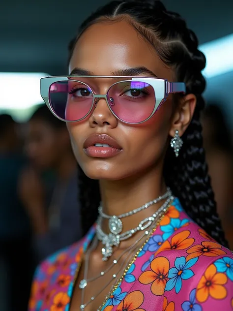 ((high-fashion portrait shot)), (backstage São Paulo fashion week), Brazilian model with (hazel eyes, glossy lips, braided hair), wearing (psychedelic dress with 3D floral patterns and trippy prints), (iridescent jewelry, futuristic glasses), (close-up por...