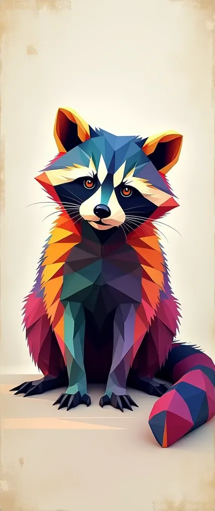 A photo of a baby raccoon with extra fluffy fur. The raccoon is made up of geometric shapes and is a vibrant mix of colors and patterns. Its expressive eyes are detailed and full of life. The background is a vintage white with golden dust, allowing the rac...