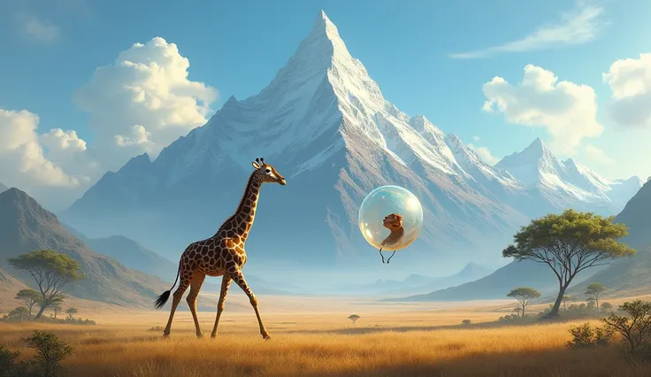 "A majestic, rocky mountain rises in the background, with sharp peaks at the top. Gerald(giraffe) floats toward the mountain, his bubble about to burst as it touches the pointed rock. His(giraffe) face shows surprise and panic, his(giraffe) legs stretched ...