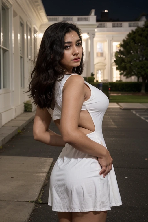 Indian women 30 age,Tilak bindi,,  white night dress, , setting in america white house, women parfect shape , side background , full American white House,