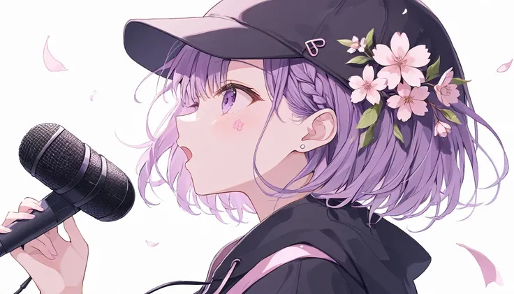 ((pastel))、One woman,Angle from the side,profile,Sing with a microphone,Open your mouth,Mauve Hair,Short Bob,Inward-curling hair, braid,Purple Eyes, wearing a black hoodie , is wearing a cap,There is a cherry blossom mark, simple background,White backgroun...