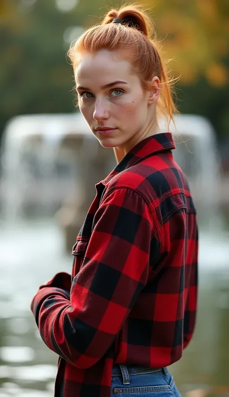 1girl, age 25, (Anna de Armas), portrait, beautiful detailed face, redhead, high ponytail, ginger hair tied in short ponytail, ponytail hairstyle, (green eyes:1.2), natural expressive detailed green eyes, some small freckles, fair detailed skin, runners at...