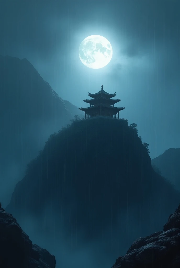 Un temple chinois qui est seul au sommet de la montagne,au dessus de cette temple il ya la lune qui brille très fort , illustration, il pleut, éclairage sombre et maussade, art numérique, peinture à l&#39;huile, fantaisie, 8 k,  tendance sur Artstation , d...