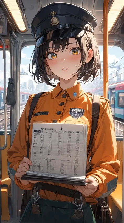 One Girl、 serious look、Bright Eyes、Short Hair、 wearing a railway crew uniform、Hall々A positive attitude、Small breasts、 holding a schedule in their hands 、  
break、  
 bright sunlight、（ brightly colored :1.2）、 vibrant atmosphere 、The hustle and bustle of the...