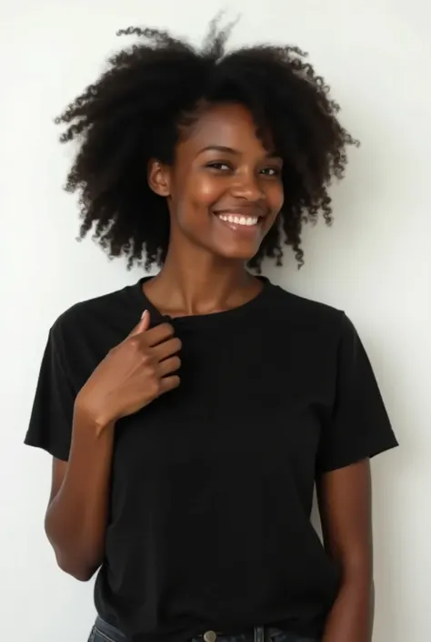 a dark  brown skin lady putting  on a black t-shirt, smiling and spying out. white background, not animated character,  

