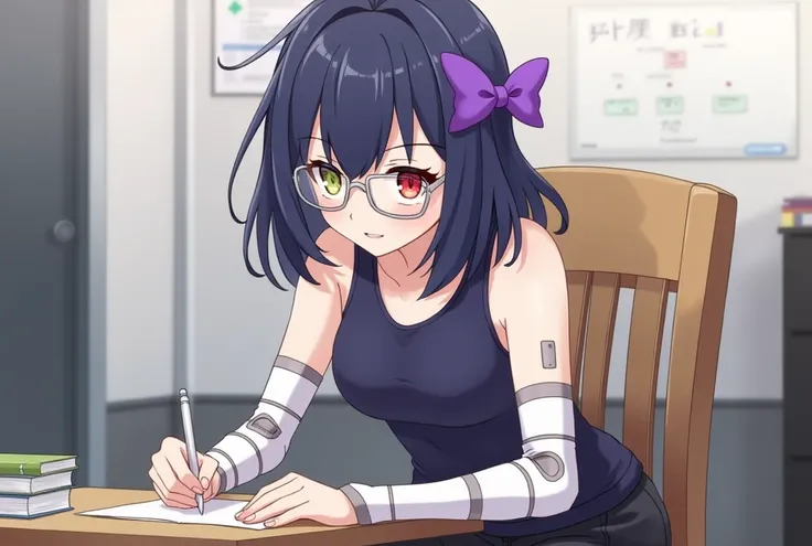  Dark blue medium long hair with purple ribbon bow、   Different Color Eyes   （Left red、Right olive green） 、wear glasses （silver frame）、full body prosthesis、  Dark Blue Tank-Top 、  Black Sweatpants 、Study room 、sit down、writing、 Character Design 、 Anime Sty...