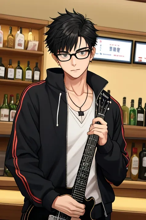 male、Tall、 my physical strength has improved slightly   、Black-rimmed glasses、     Spiky Hairstyle   、Kind eyes  、 Slightly bad vibes         、renew、singer、Modern People     、    black tracksuit 、necklace、   wearing only a fashionable    、Illustrated style...