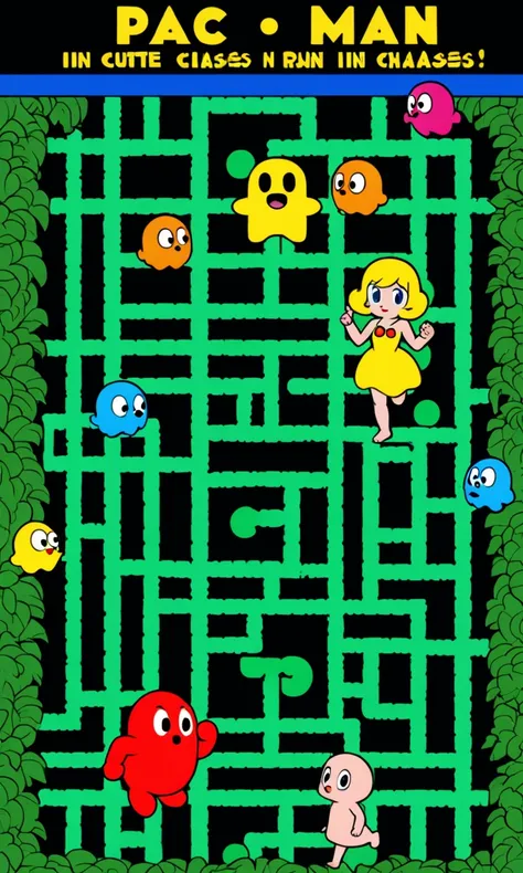 (classic 8 bit video game Pac Man) Pacman chases cute women (in different colored dresses) around a maze, eating pellets and trying to eat their dress (they run back home naked) 8 bit
