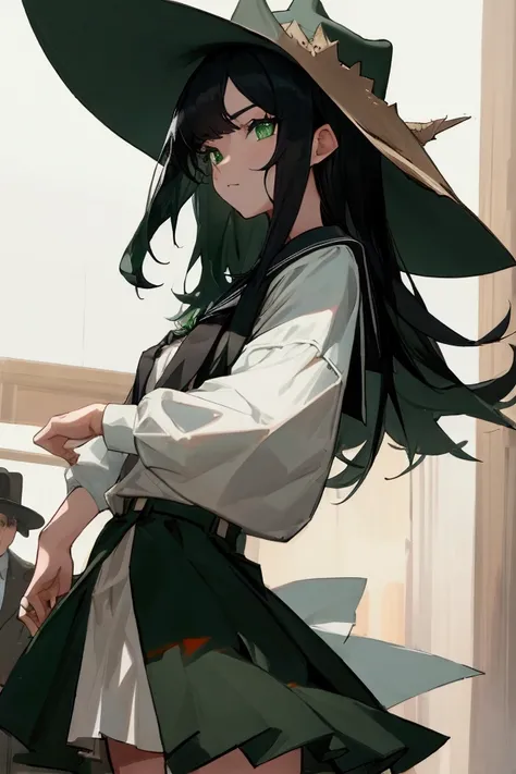 man, black hair, posing,  student dress , beautiful,green eyes,  cowboy hat .