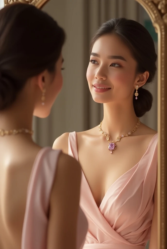 (elegant woman) wearing a (nude pink dress), adorned with a (gold amethyst jewelry set) featuring (pink sapphire and Purple amethyst), smiling as she gazes into a mirror, (soft natural lighting), (high quality, ultra-detailed, photorealistic), (intimate am...