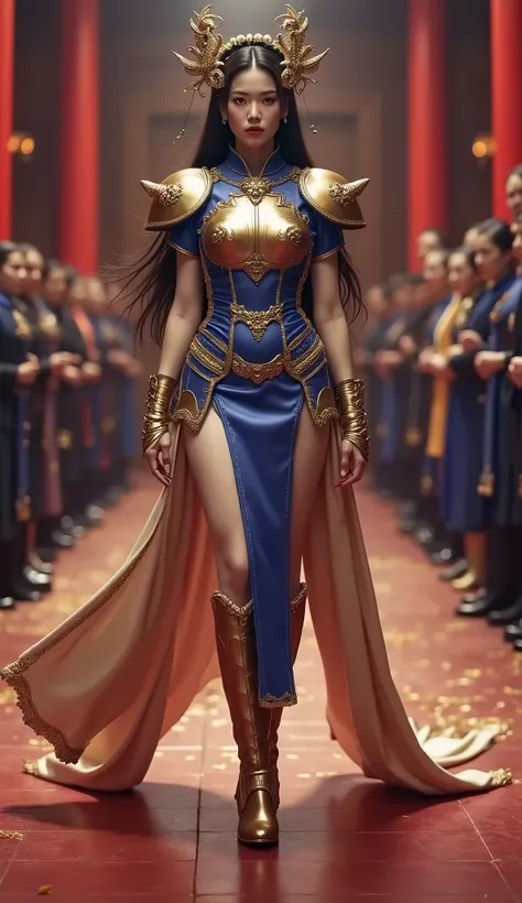 Blue cheongsam style armor, gold stockings, pink leather boots