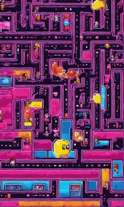 (gameplay of an 80s 8 bit arcade game) a detailed 8-bit retro video game scene, pacman chasing cute women in colorful dresses through a maze, eating pellets, the women running home naked, vivid colors, pixelated, retro video game art style, classic arcade ...