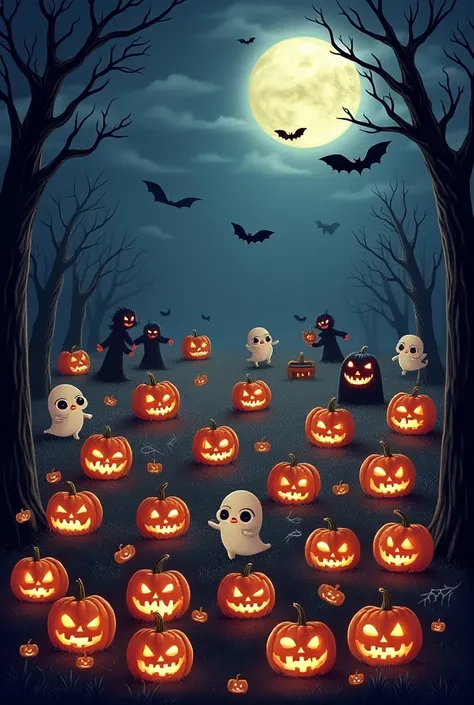 Halloween image with several scattered characters that can be repeated filling the entire image
