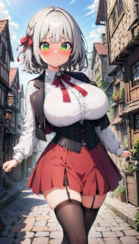 1girl, cute face, green eyes, tsurime, silver hair, medium hair, bob hair, bangs, hair ribbon, huge breasts, shirt, white shirt, lapel, corset, black corset, mini skirt, check skirt, red skirt, high skirt, garter belt, blush, embarrassed expression, walkin...