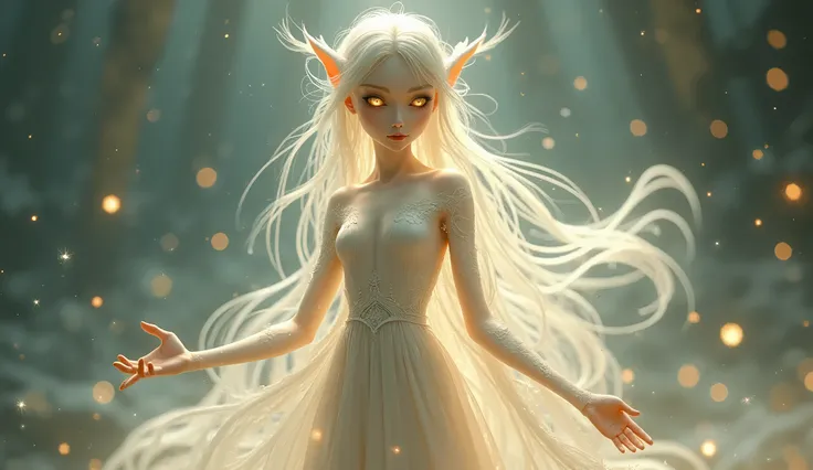 A humanoid fantasy creature of ethereal beauty, with pearlescent skin that subtly glows under a heavenly light. Her figure is slender and stylized, with long graceful limbs and delicate fingers. Her large, bright eyes reflect the cosmos in shades of gold a...