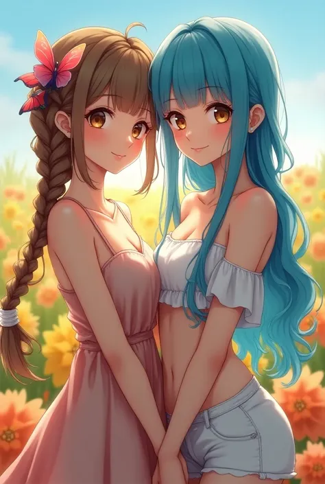 extremely detailed, 8k,masterpiece, best quality, (2 girls:1.5), (yuri),outside,standing together, full view, (intimate),clear sky, outside, colorful flowers, multiple girls, 2girls,(wide picture),
shinny eyes, hd quality,High-definition eyes, Ultra HD eye...