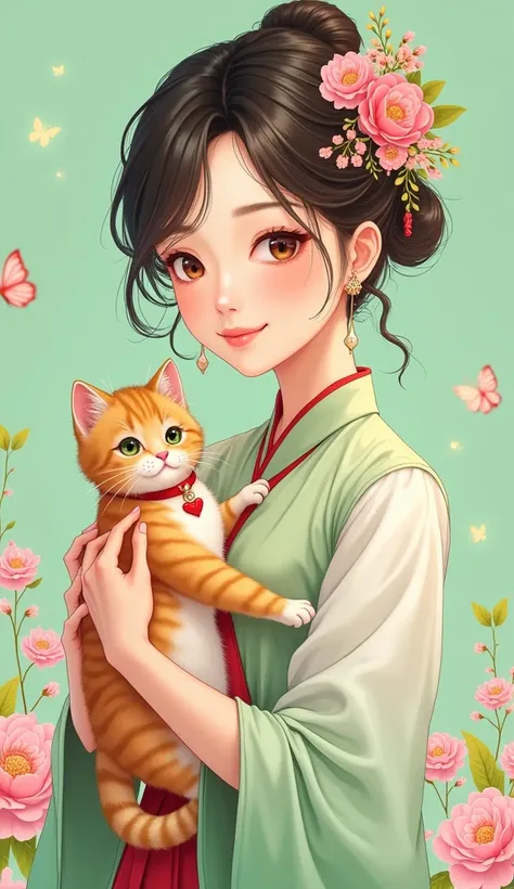  x} 2D Anime In Style of Ilya Kuvshinovy .  A beautifully detailed 、 vibrant illustration ， 。She depicts a young Asian woman wearing traditional light yarn ， including a white shirt and a lightweight green and red dress 。 Her hair is beautifully styled ， w...