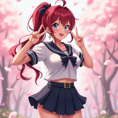 NSFW thicc fit anime girl, dark red hair with black fringe in a ponytail, dark blue eyes, large breasts, school girl outfit, mini skirt, smiling with two peace signs with sakura petals falling behind her
Waiting to start 