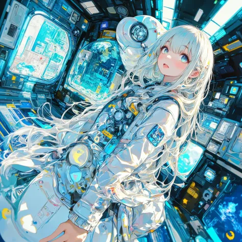 (wearing futuristic astronaut space suit, floating in space station, earth on background:1.4), ultra highres, sharpness texture,...