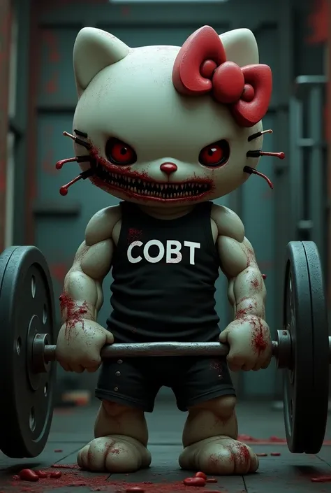 Scary Hello Kitty in gym doing weightlifting with Logo Brand COBT on they shirt 