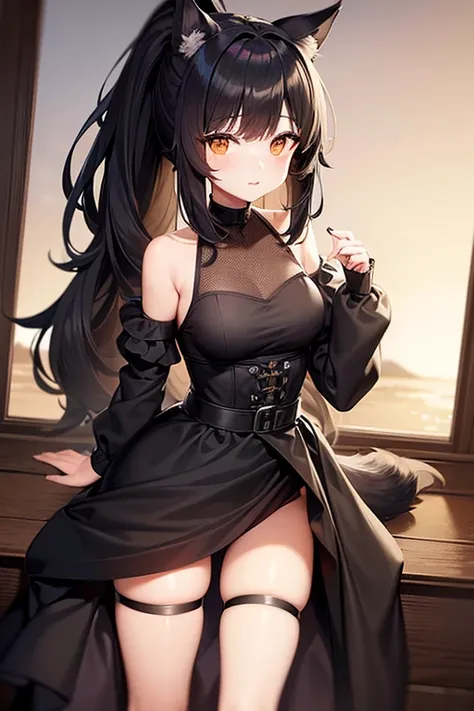 Female, wolf girl, brown eyes, black dress, small waist, black hair, large breasts, bangs, ponytail, black ears, black tail