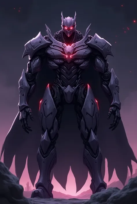 Evil robot, menacing, silver armor, red eyes, cool armor, color scheme dark purple, located in space, anime style