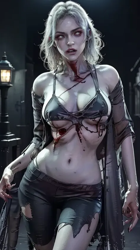 ((best quality)), ((masterpiece)), (realistic), night time, 1girl, alone, (muscular), blood through the body, zombie, sexy laven...