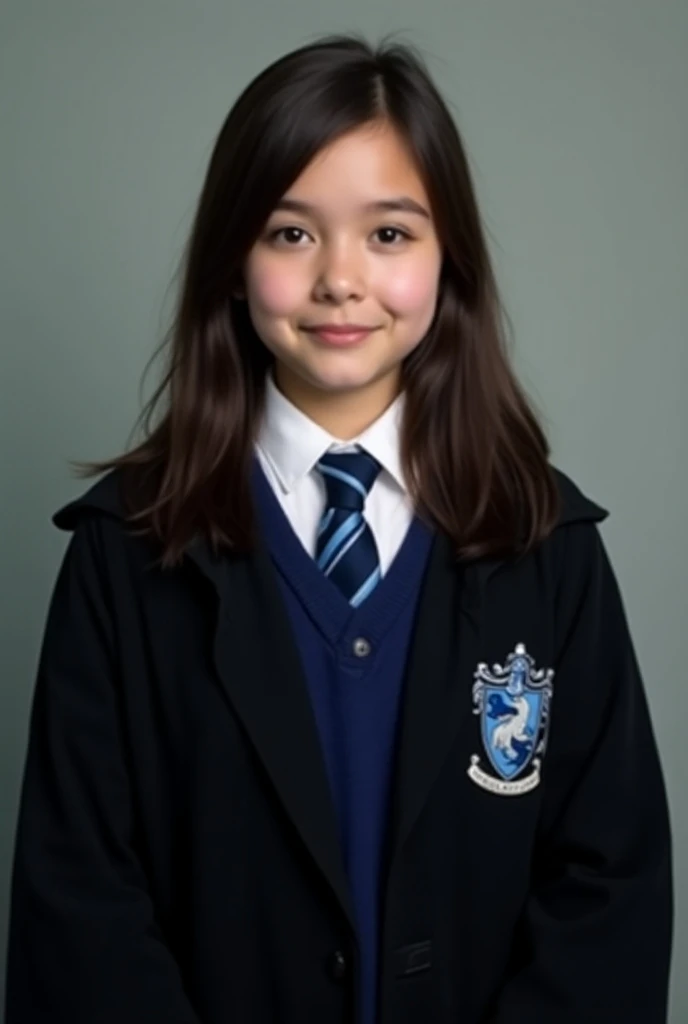 Imagine a chubby young woman with medium length, straight dark brown hair, facing the camera directly with her body squared straight forward. She stands confidently in her Ravenclaw uniform, which includes a black Hogwarts robe adorned with the silver and ...