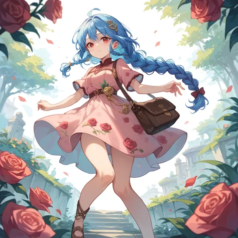 1girl, blue hair, braided hair, red eyes, knee length pink dress with a gold rose pattern, antique-style explorer's bag,