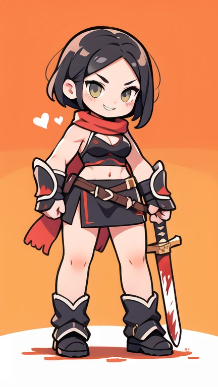 drawn a young woman, of average and athletic build, slightly muscular, short black hair, amber eyes almost golden, she wears light armor, a blood red scarf, a large and massive Berserker sword, she is afraid of nothing and no one,malicious smile, sketch