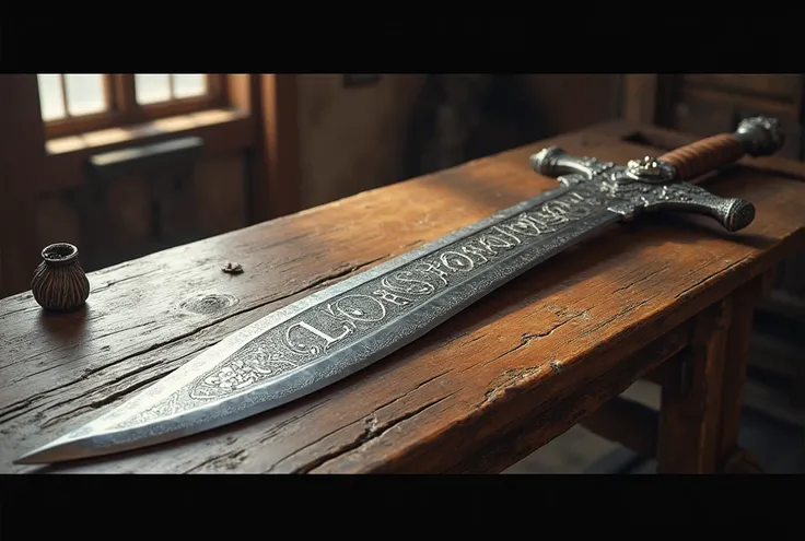   Make for me an indian-style wide sword with runic writing, semelhante a Dragonslayer de berserk, Lying on a sample table  .   I would like the art in a fantasy RPG style    . In the Old West