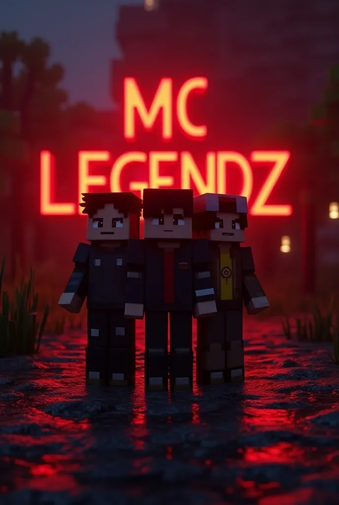 Create a Minecraft background with 3 players with custom skin standing and written Mc legendz in background with red and black colour