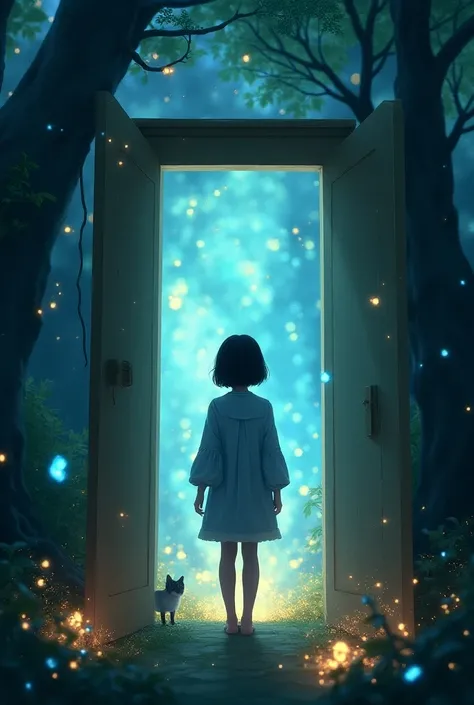 A girl of about 19 years of age with a black bob cut opens a wardrobe that leads to a magical world include details of magic , glitter and sparkles in the air , magical feeling, air of magic, magical trees and creatures 