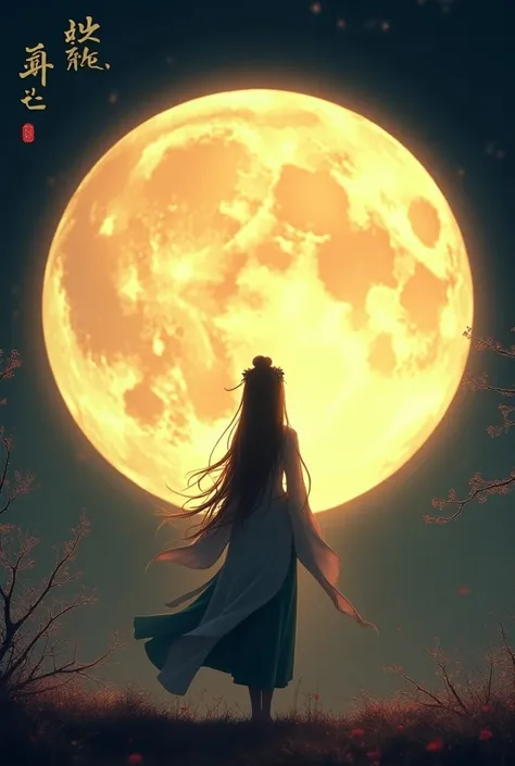 Create a detailed image of a beautiful full moon, glowing brightly in a serene night sky. Inside the circular shape of the moon, depict the silhouette of a girl dressed in traditional attire reminiscent of Change, with an elegant and flowing posture. She s...