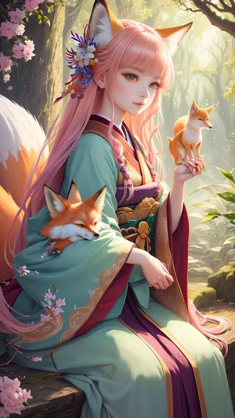 masterpiece , best quality, Close-up, masterpiece, beautiful details, colorful, delicate details, delicate lips, intricate details, genuine, ultrargenuineista, Girl with multicolored haired fox sitting on a branch:cute, light makeup, ,Colorful Fox, raposa ...