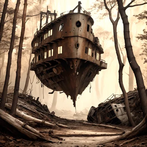 image of an abandoned ship rusting in the forest surrounded by pythons, realistic, 8k, full body.