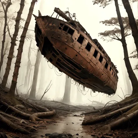 image of an abandoned ship rusting in the forest surrounded by pythons, realistic, 8k, full body.