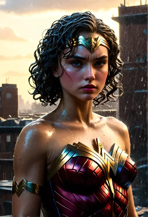 18 year old girl, Wonder Woman suit, short curly hair, blonde hair, beautiful face, rain, roof, masterpiece, exquisite details, perfect anatomy, fighting stance