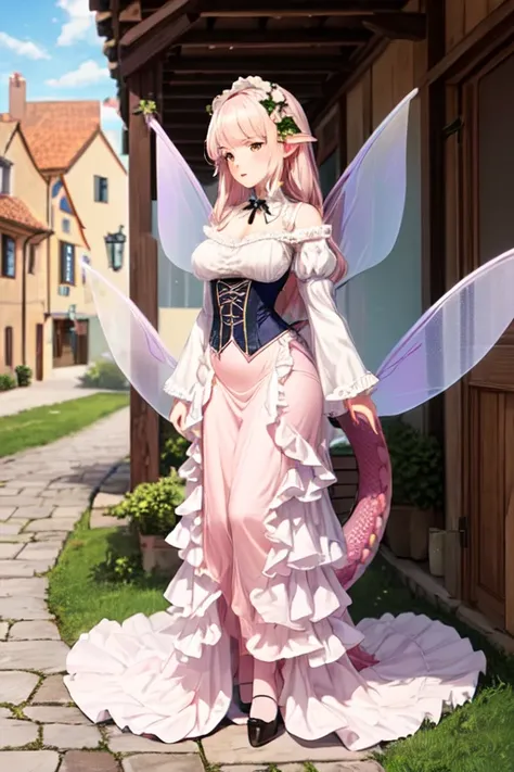   Anime Girl,noble,aristocratic girl , 150cm tall,  (long dragon tail:1.4), (large translucent fairy wings:1.4),(Victorian-style,color palet is  soft pastel pink:1.4), adorned with layers of intricate lace and frills.  brouse with a large bow at the neckli...