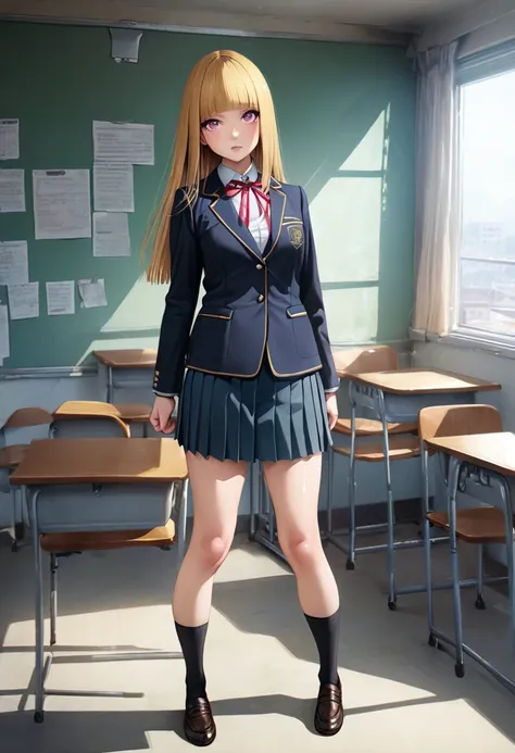 (((Best quality))),(((master piece))),(realistic skin),(Shiny skin), (anime),gold hair, straight hair, blunt bangs, pink eyes, 18yo, high school student, school uniform, blazer, ribbon, mini skirt,big tits, full hip, , full body,standing upright, at classr...