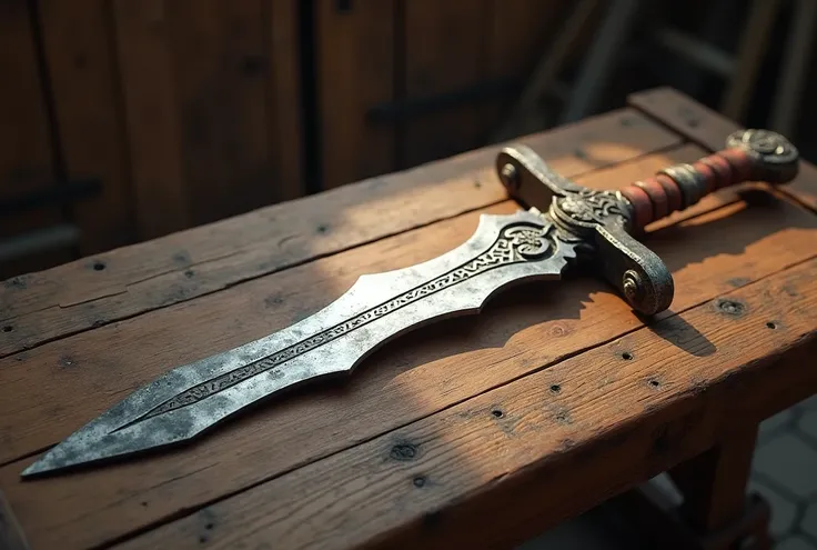 An ancient Mayan sword where the sword is a wide and long piece of metal on a handle wrapped in a leather strap, Lying on a sample table .   I would like the art in a fantasy RPG style  . In the Old West