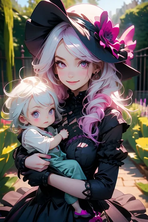 Perfect face. Perfect hands. A pink haired woman with violet with an hourglass figure in a Gothic ballgown is holding a white haired baby girl with violet eyes in the garden with a proud smile
