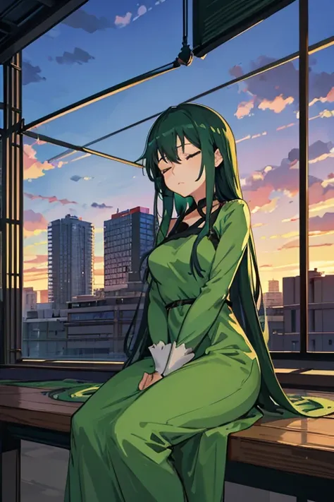 anime、High image quality、 High Resolution 、 woman sitting on a steel frame 、 with arms crossed 、 lying down and closing her eyes 、Green dress、Long Hair、New construction of a building 、 I can see a group of buildings from between the steel frames、At dusk、