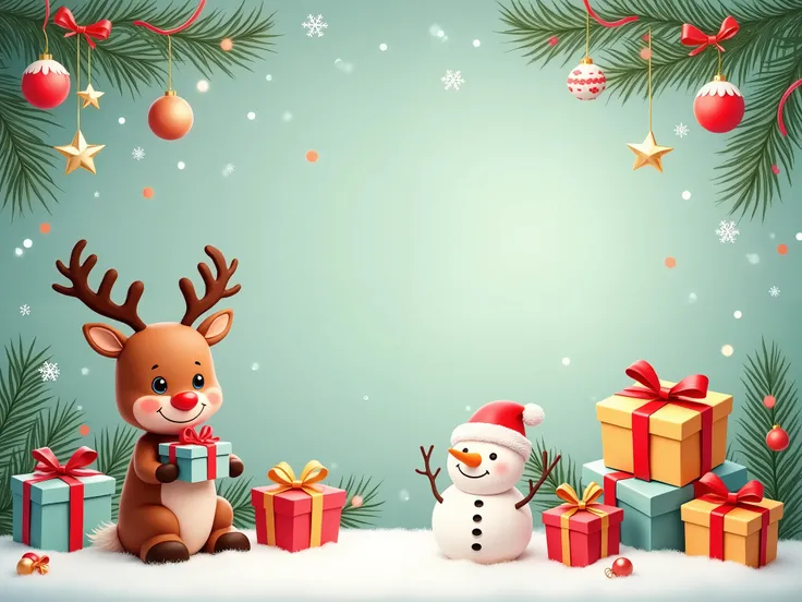 Christmas theme yellow wallpaper, wallpaper decorated with pine needles with gift boxes, decorative balls and christmas ribbons, a cute reindeer and a cute snowman holding a few gift boxes stands on the left of the wallpaper and surrounded by many colorful...