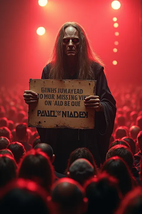  Create Eddie from Iron Maiden with long hair with a sign that shows RIP PAUL DIANNO at a Slayer concert with red lights, hyperrealism hd ,  surrounded by metalheads 