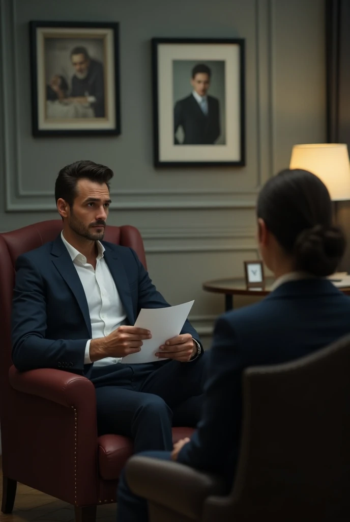  Leader with report in hand , In conflict with female collaborator in a modern office room with pictures on the wall.  Both seated in armchairs , across from each other 